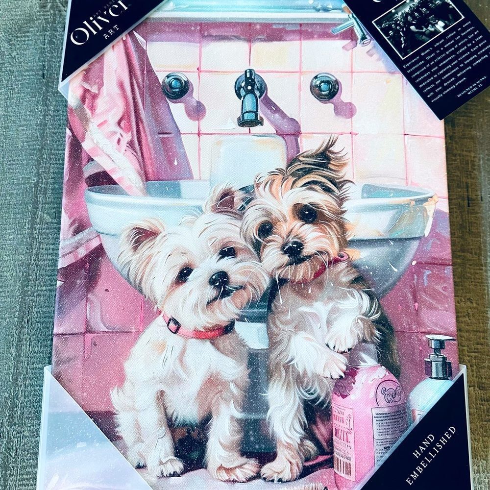 Pink Spa Dogs Bathroom Dog Portrait Canvas Wall Art Decor